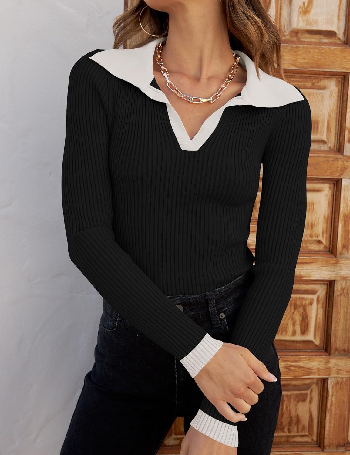 imageZESICA Sweaters for Women 2026 Spring Long Sleeve V Neck Ribbed Knit Pullover Tops Casual Slim Fit Basic Tee ShirtsDim