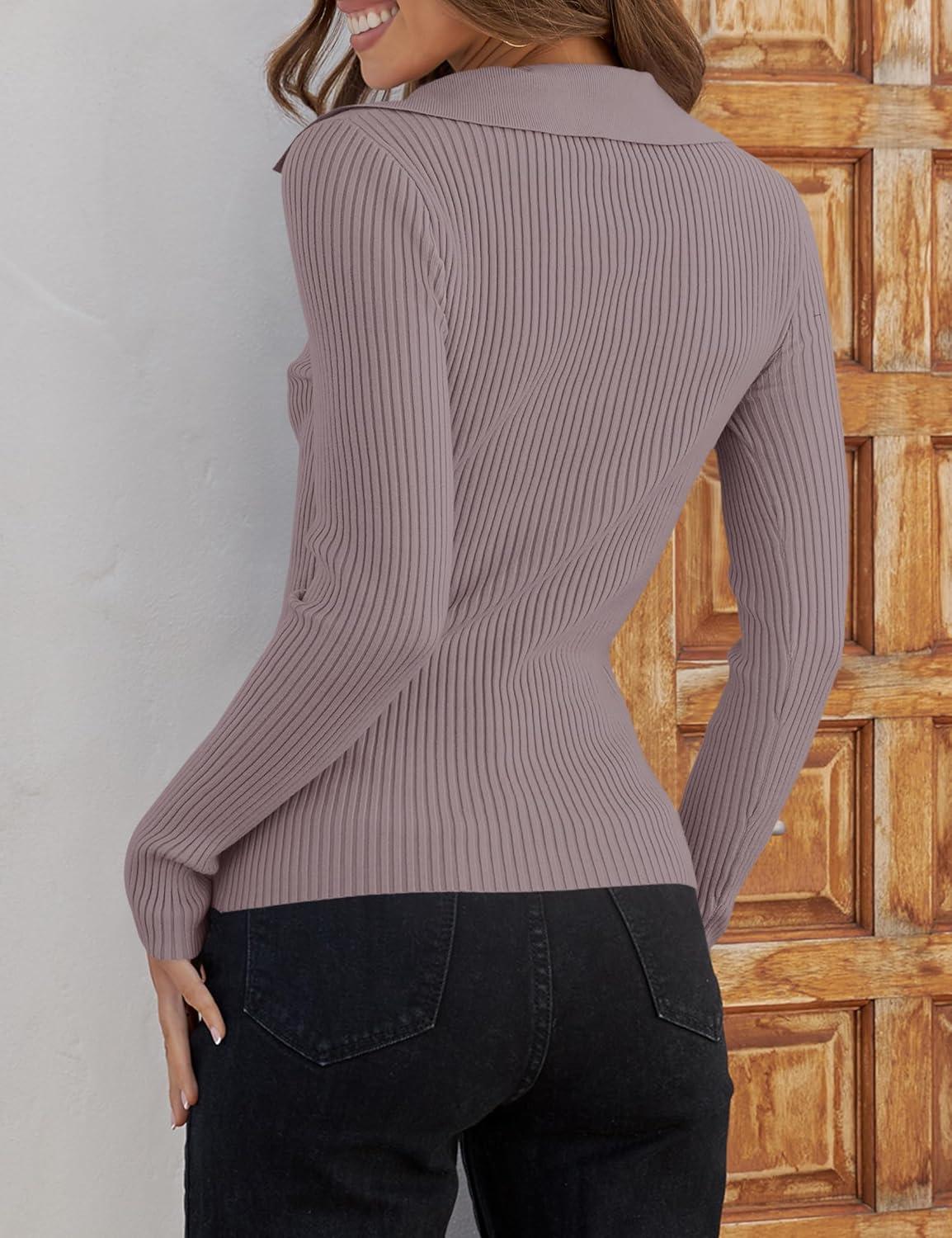 imageZESICA Sweaters for Women 2026 Spring Long Sleeve V Neck Ribbed Knit Pullover Tops Casual Slim Fit Basic Tee ShirtsTaro