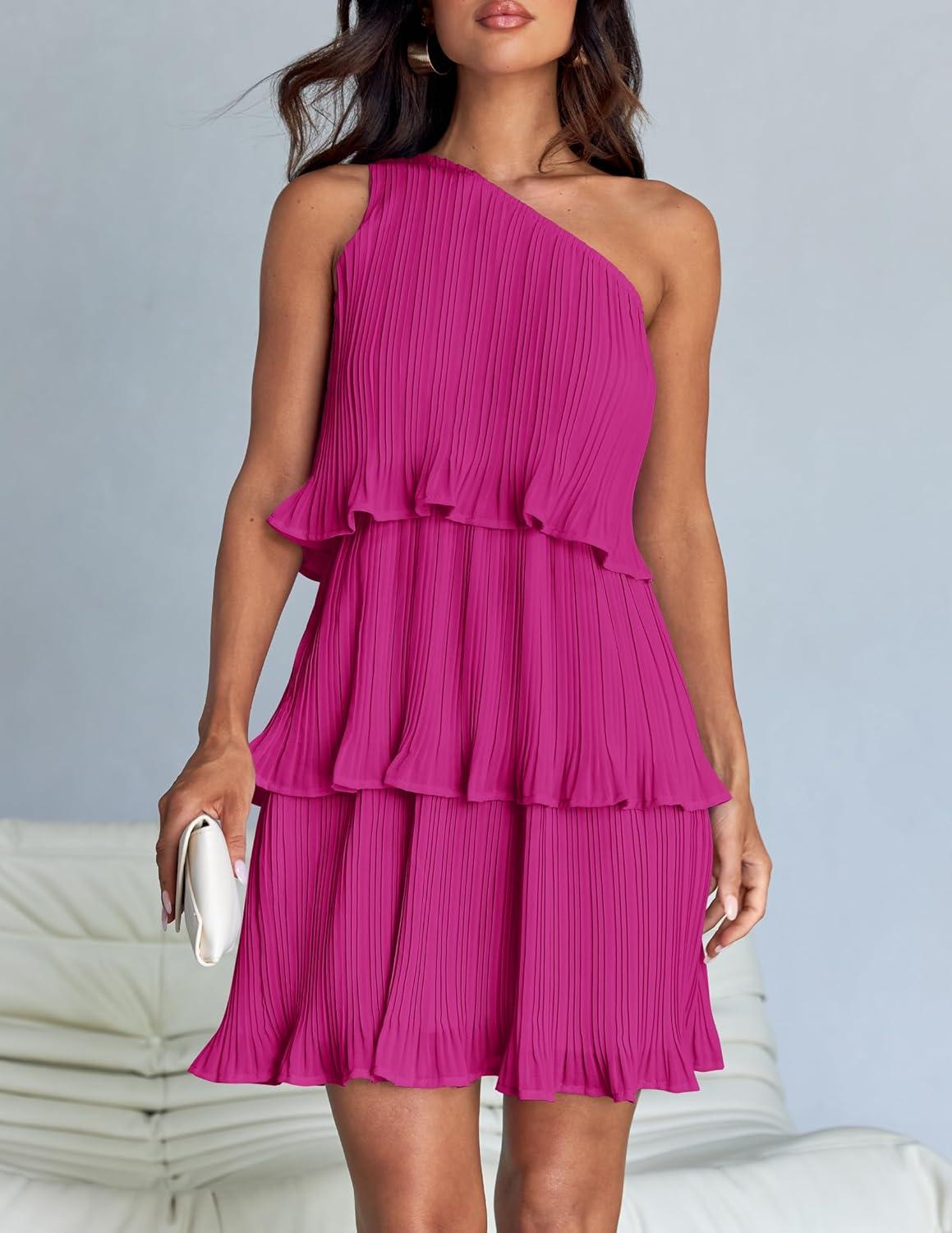 imageZESICA Womens 2025 Summer Sleeveless Mini Dress Boho One Shoulder Ruffle Tiered Layered Flowy A Line DressesRose