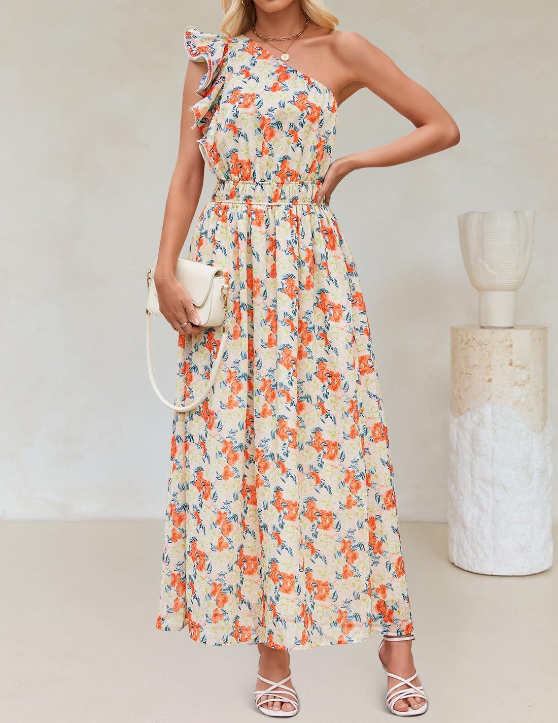 imageZESICA Womens 2026 Boho Floral Sleeveless Maxi Dress Ruffle One Shoulder Elatsic High Waist Beach Party Long DressesApricot