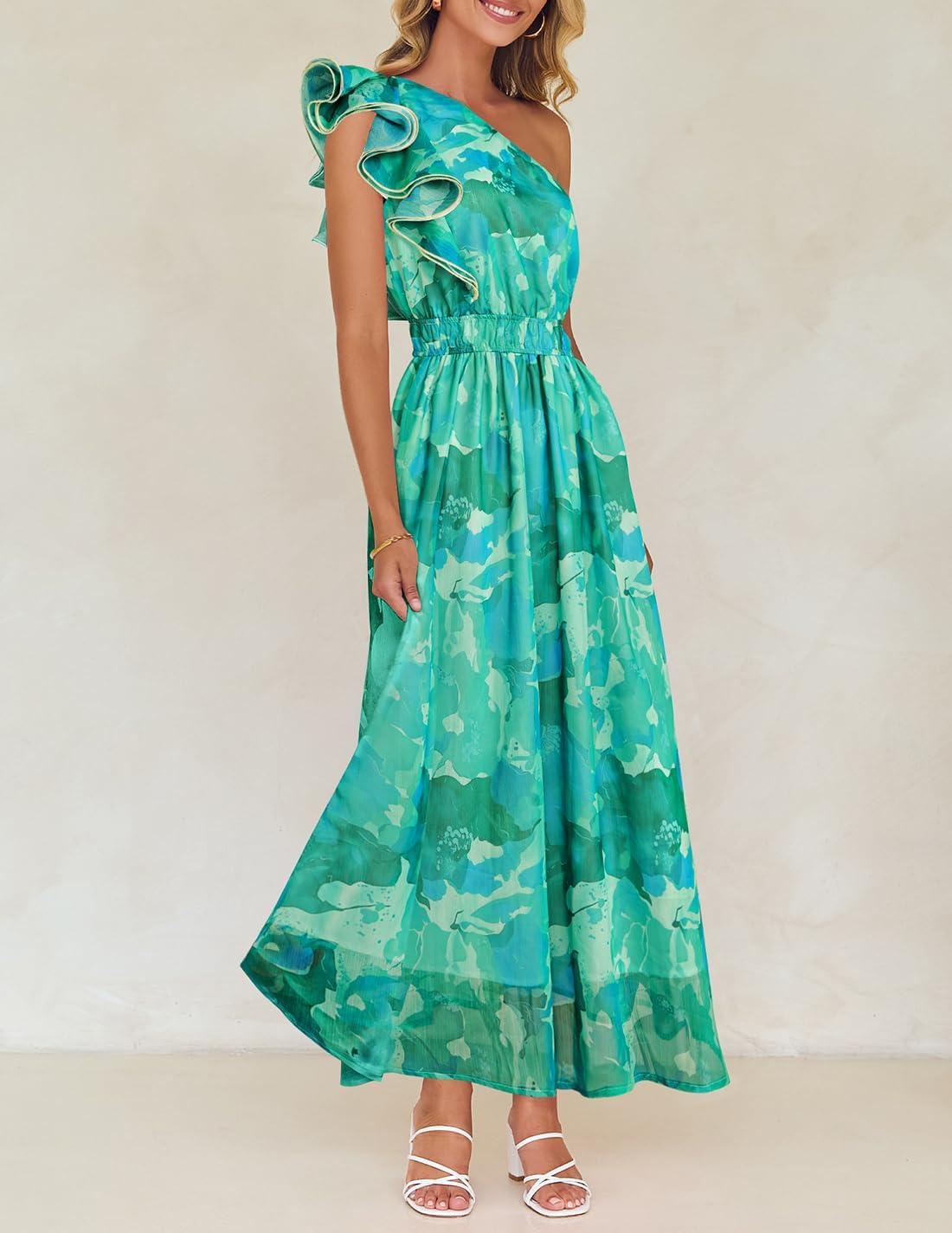 imageZESICA Womens 2026 Boho Floral Sleeveless Maxi Dress Ruffle One Shoulder Elatsic High Waist Beach Party Long DressesGreen