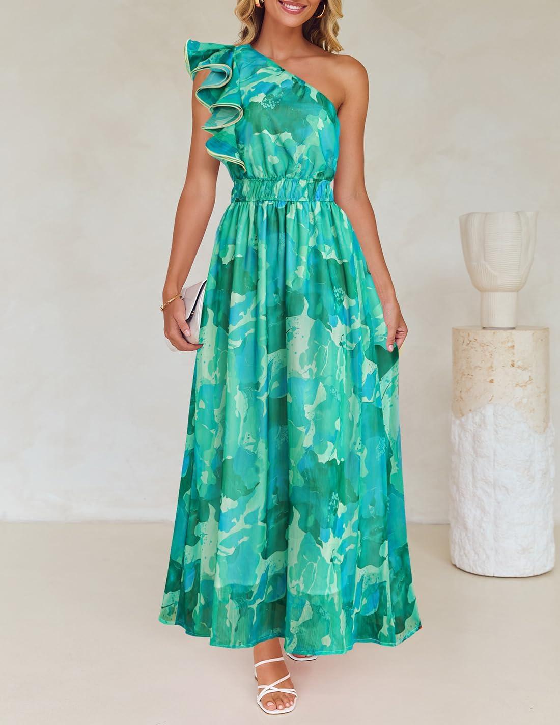 imageZESICA Womens 2026 Boho Floral Sleeveless Maxi Dress Ruffle One Shoulder Elatsic High Waist Beach Party Long DressesGreen