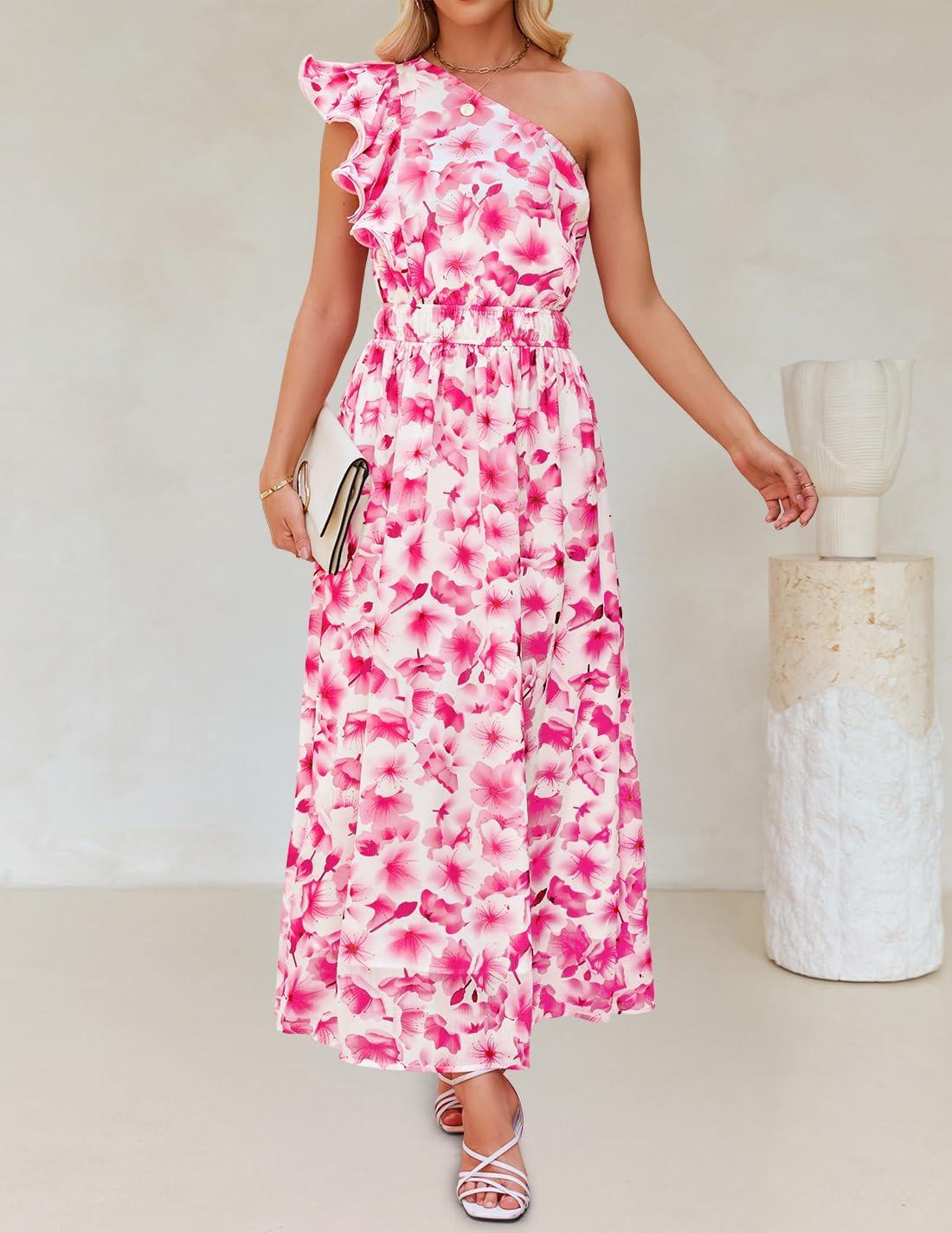 imageZESICA Womens 2026 Boho Floral Sleeveless Maxi Dress Ruffle One Shoulder Elatsic High Waist Beach Party Long DressesHot Pink