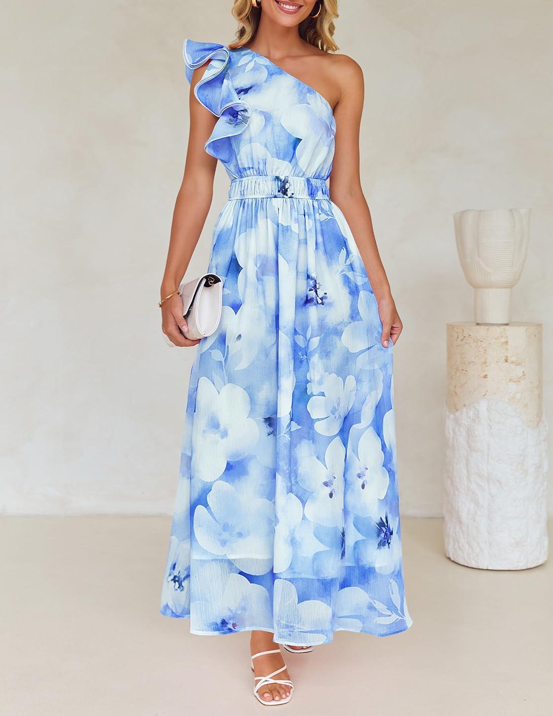 imageZESICA Womens 2026 Boho Floral Sleeveless Maxi Dress Ruffle One Shoulder Elatsic High Waist Beach Party Long DressesLight Blue