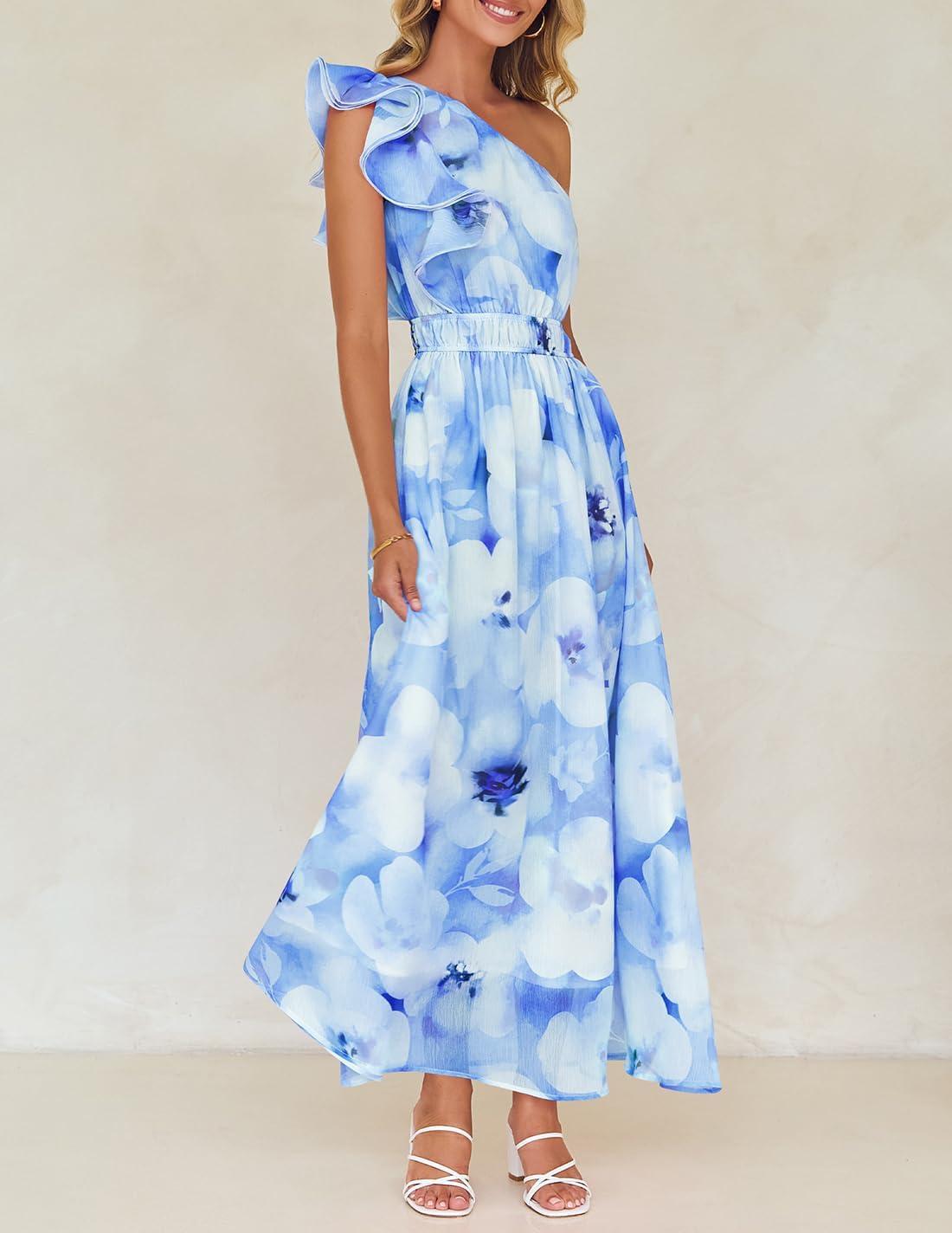 imageZESICA Womens 2026 Boho Floral Sleeveless Maxi Dress Ruffle One Shoulder Elatsic High Waist Beach Party Long DressesLight Blue