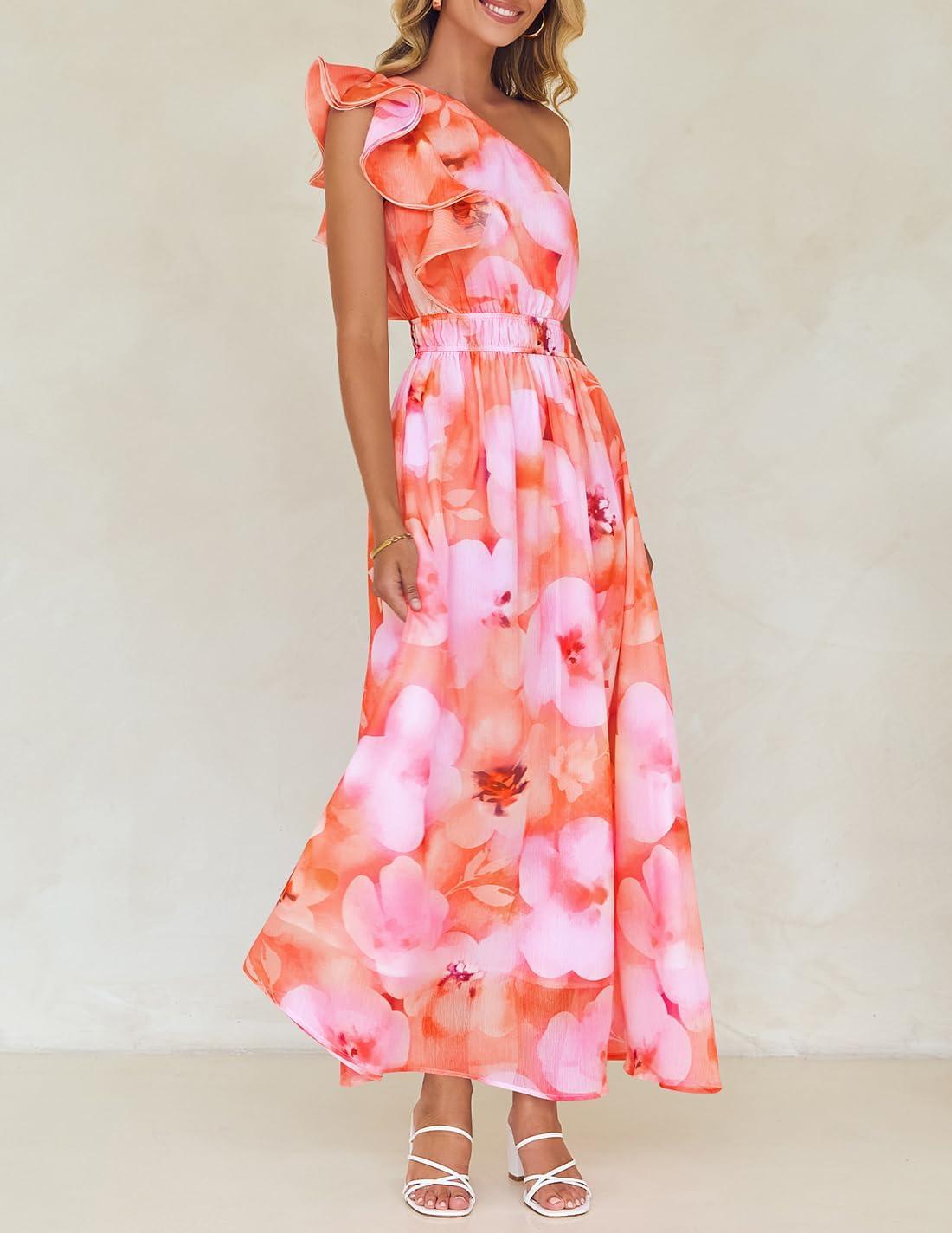 imageZESICA Womens 2026 Boho Floral Sleeveless Maxi Dress Ruffle One Shoulder Elatsic High Waist Beach Party Long DressesOrange