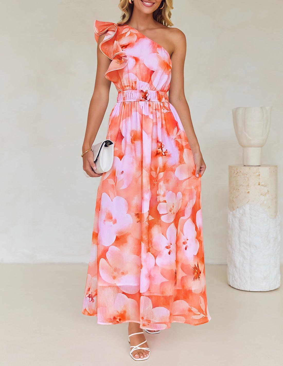imageZESICA Womens 2026 Boho Floral Sleeveless Maxi Dress Ruffle One Shoulder Elatsic High Waist Beach Party Long DressesOrange