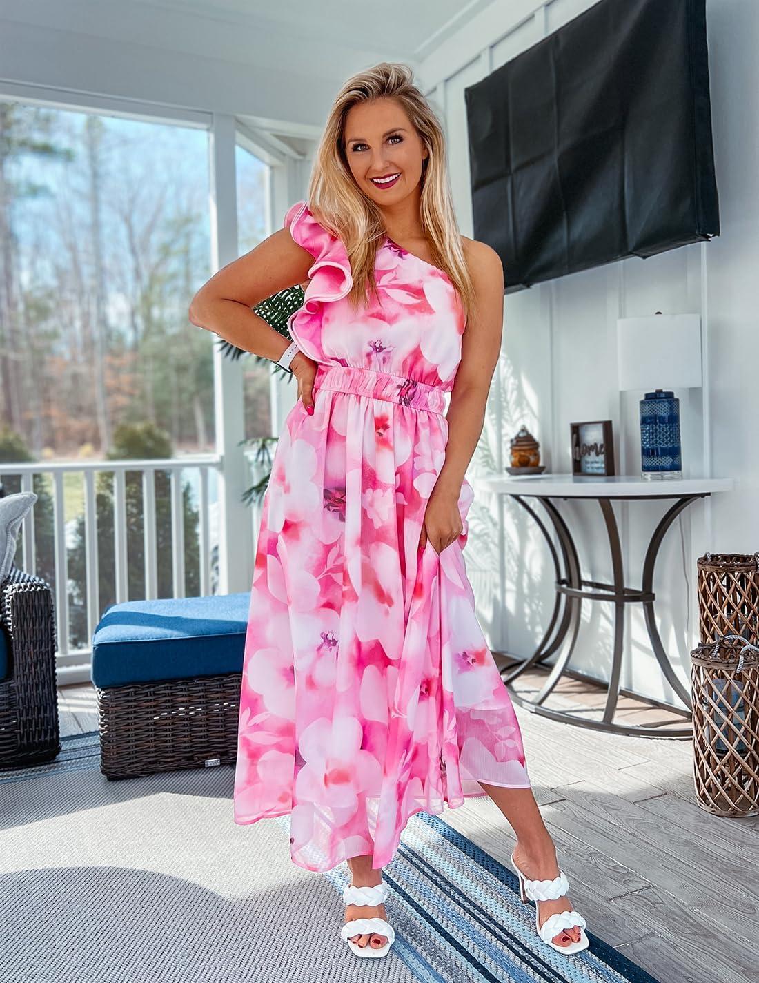 imageZESICA Womens 2026 Boho Floral Sleeveless Maxi Dress Ruffle One Shoulder Elatsic High Waist Beach Party Long DressesPink