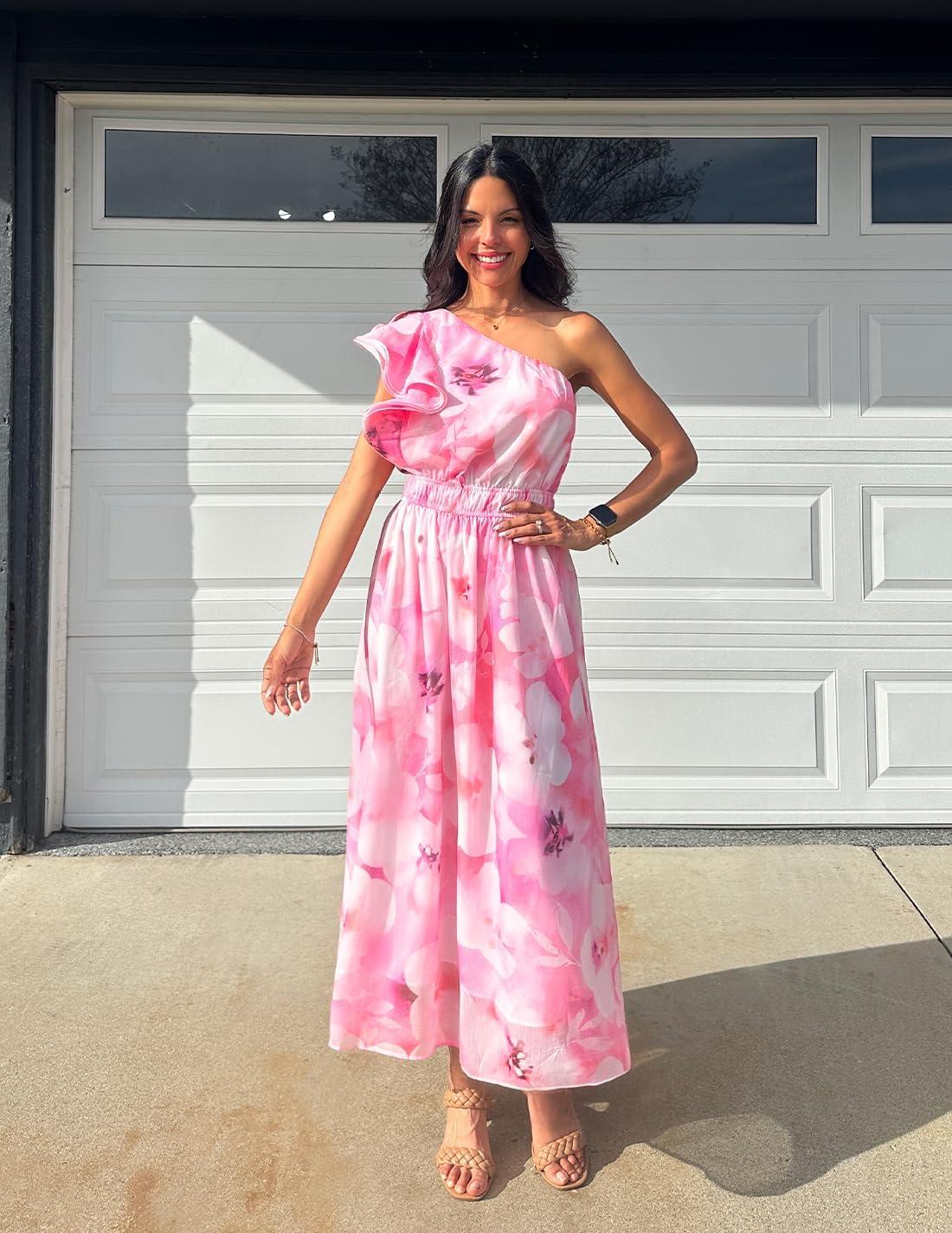 imageZESICA Womens 2026 Boho Floral Sleeveless Maxi Dress Ruffle One Shoulder Elatsic High Waist Beach Party Long DressesPink