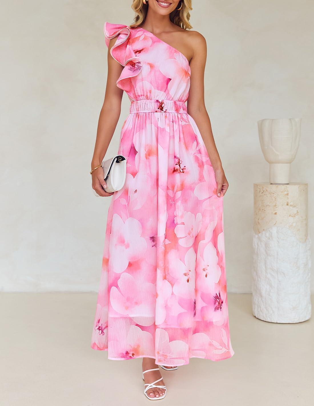 imageZESICA Womens 2026 Boho Floral Sleeveless Maxi Dress Ruffle One Shoulder Elatsic High Waist Beach Party Long DressesPink