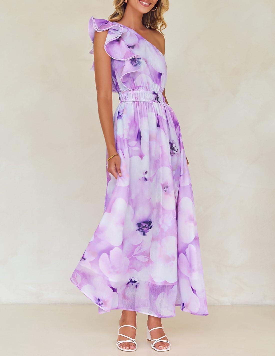 imageZESICA Womens 2026 Boho Floral Sleeveless Maxi Dress Ruffle One Shoulder Elatsic High Waist Beach Party Long DressesPurple