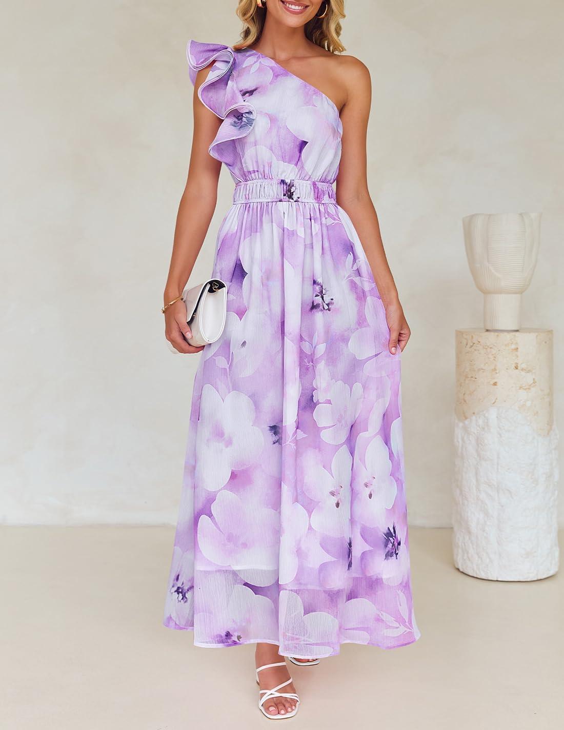 imageZESICA Womens 2026 Boho Floral Sleeveless Maxi Dress Ruffle One Shoulder Elatsic High Waist Beach Party Long DressesPurple