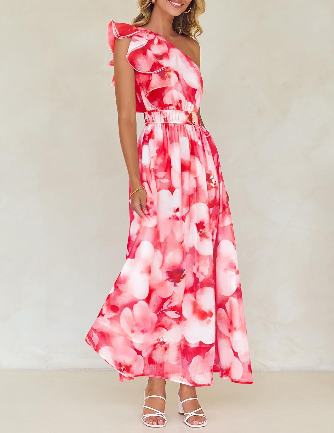 imageZESICA Womens 2026 Boho Floral Sleeveless Maxi Dress Ruffle One Shoulder Elatsic High Waist Beach Party Long DressesRed