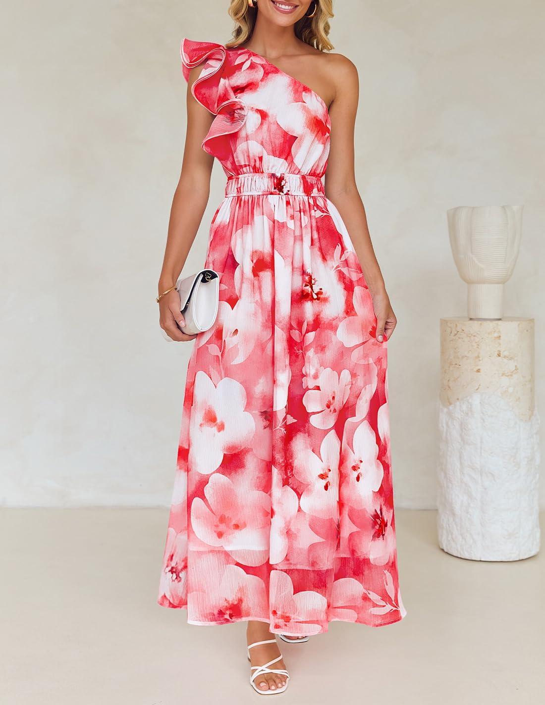 imageZESICA Womens 2026 Boho Floral Sleeveless Maxi Dress Ruffle One Shoulder Elatsic High Waist Beach Party Long DressesRed