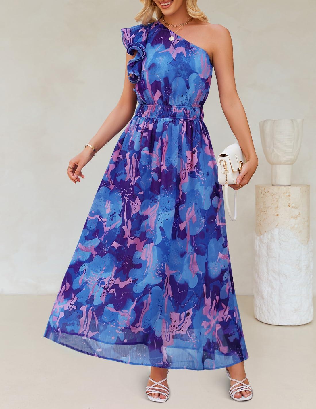 imageZESICA Womens 2026 Boho Floral Sleeveless Maxi Dress Ruffle One Shoulder Elatsic High Waist Beach Party Long DressesRoyal Blue