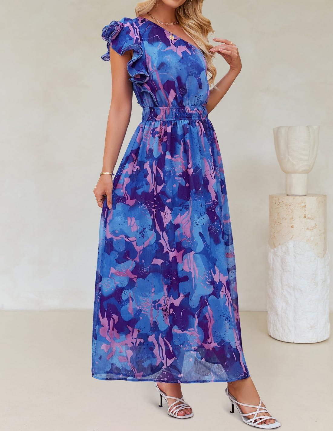 imageZESICA Womens 2026 Boho Floral Sleeveless Maxi Dress Ruffle One Shoulder Elatsic High Waist Beach Party Long DressesRoyal Blue