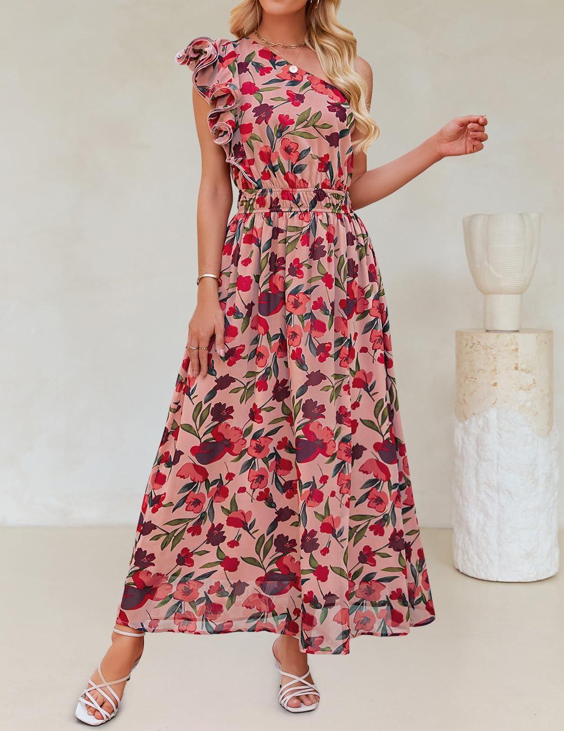 imageZESICA Womens 2026 Boho Floral Sleeveless Maxi Dress Ruffle One Shoulder Elatsic High Waist Beach Party Long DressesVintage Pink