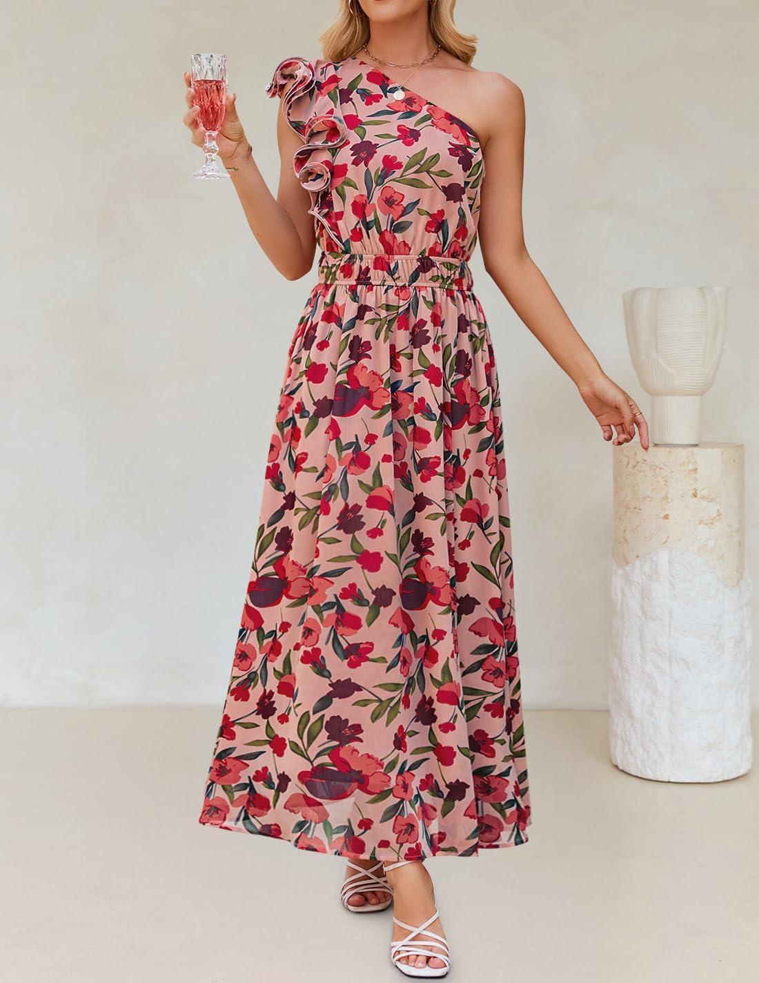 imageZESICA Womens 2026 Boho Floral Sleeveless Maxi Dress Ruffle One Shoulder Elatsic High Waist Beach Party Long DressesVintage Pink