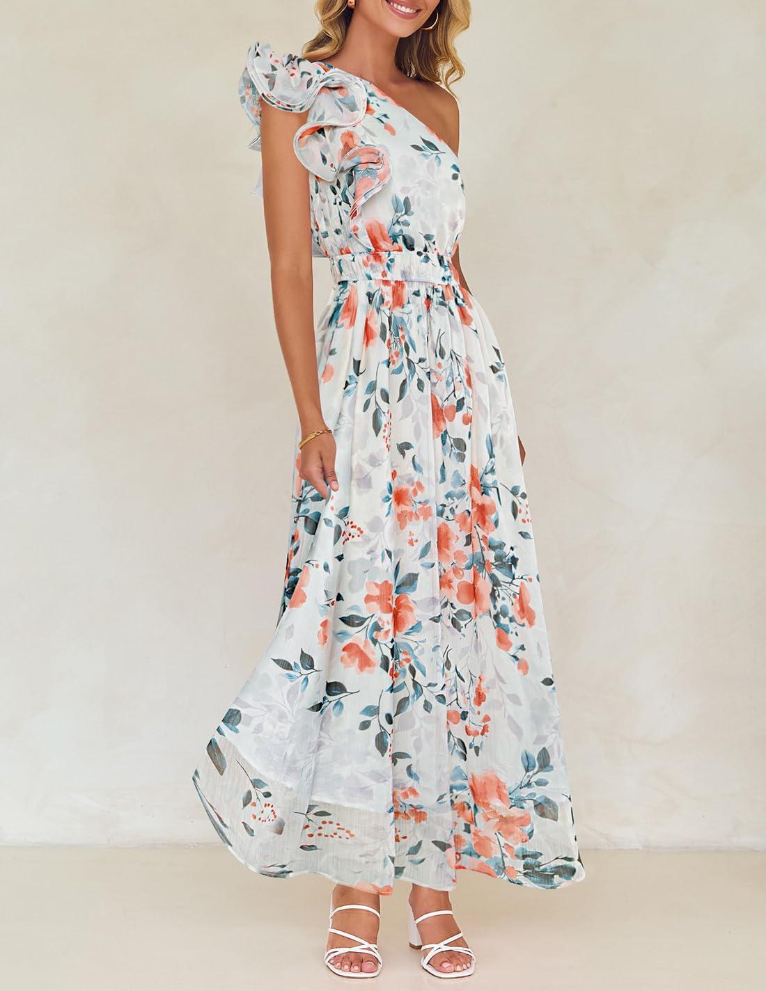 imageZESICA Womens 2026 Boho Floral Sleeveless Maxi Dress Ruffle One Shoulder Elatsic High Waist Beach Party Long DressesWhite