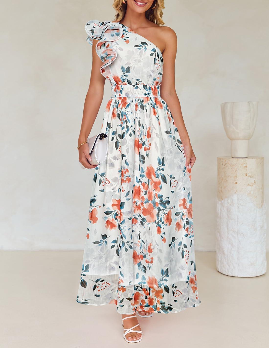 imageZESICA Womens 2026 Boho Floral Sleeveless Maxi Dress Ruffle One Shoulder Elatsic High Waist Beach Party Long DressesWhite