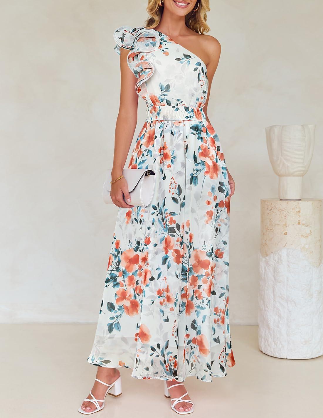 imageZESICA Womens 2026 Boho Floral Sleeveless Maxi Dress Ruffle One Shoulder Elatsic High Waist Beach Party Long DressesWhite