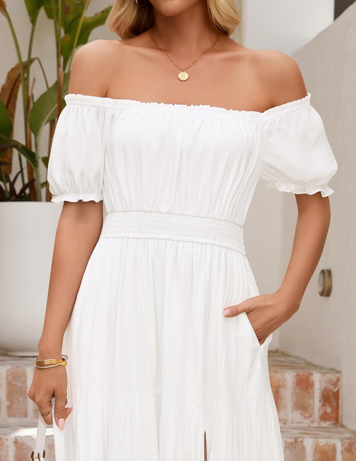 imageZESICA Womens 2026 Boho Sexy Off Shoulder Short Sleeve Smocked Side Split Flowy A Line Tiered Long Maxi Dress with PocketsWhite