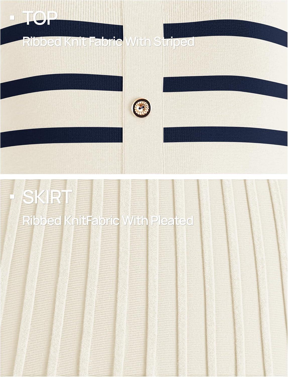 imageZESICA Womens 2026 Casual Striped Midi Dress Crewneck Short Sleeve Button Ribbed Knit Swing Pleated A Line DressesBeige