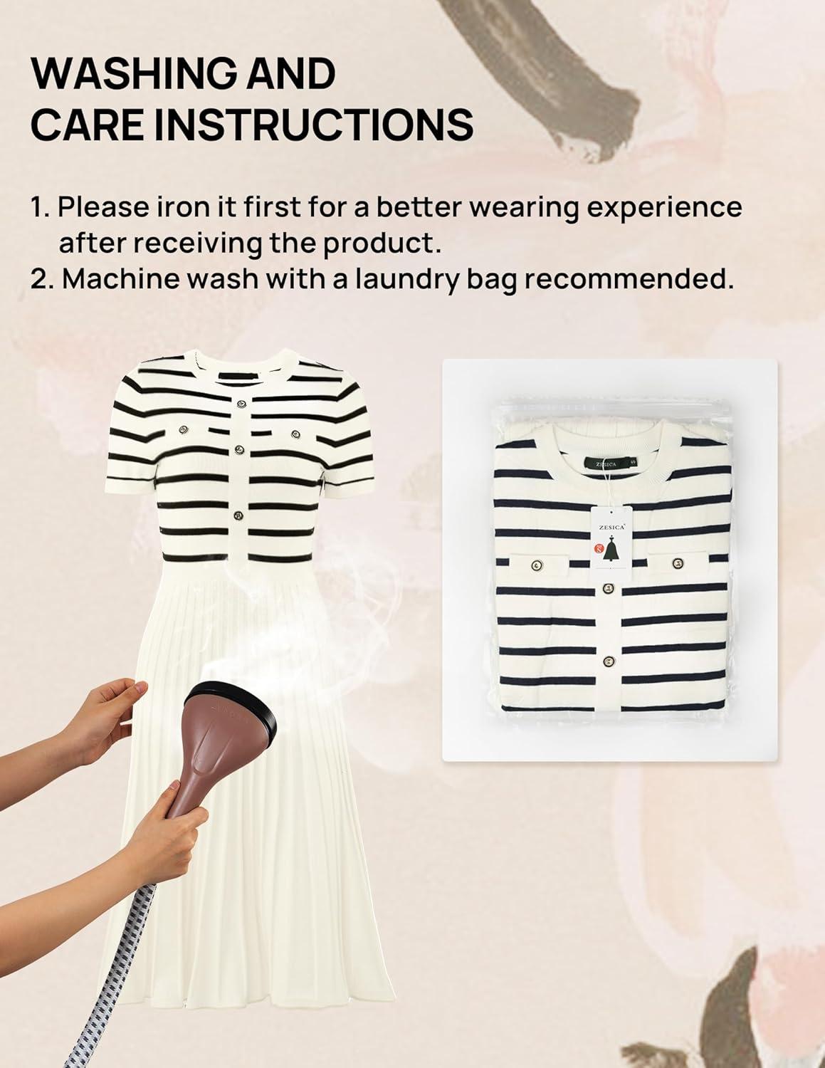 imageZESICA Womens 2026 Casual Striped Midi Dress Crewneck Short Sleeve Button Ribbed Knit Swing Pleated A Line DressesBeige