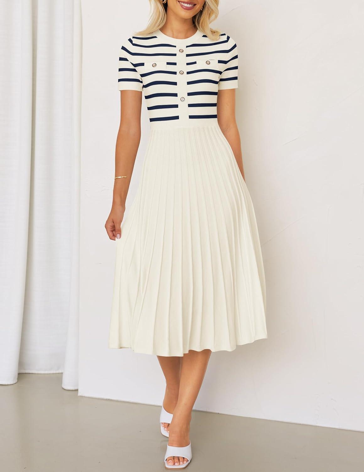 imageZESICA Womens 2026 Casual Striped Midi Dress Crewneck Short Sleeve Button Ribbed Knit Swing Pleated A Line DressesBeige