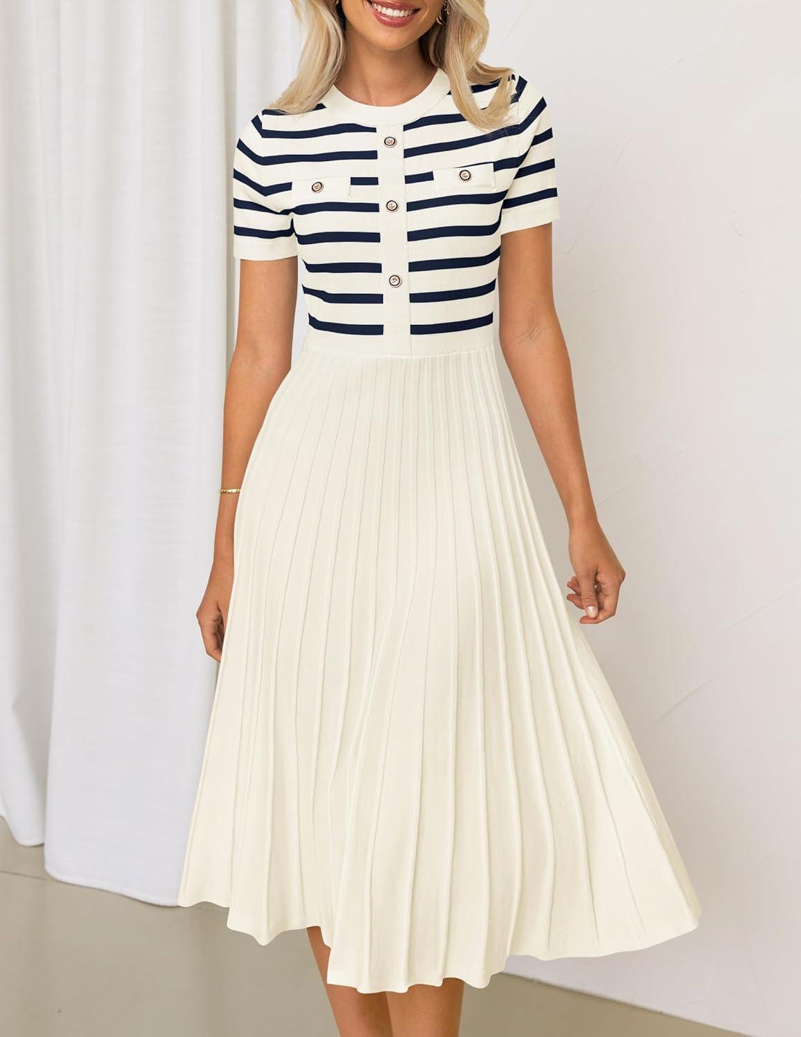 imageZESICA Womens 2026 Casual Striped Midi Dress Crewneck Short Sleeve Button Ribbed Knit Swing Pleated A Line DressesBeige