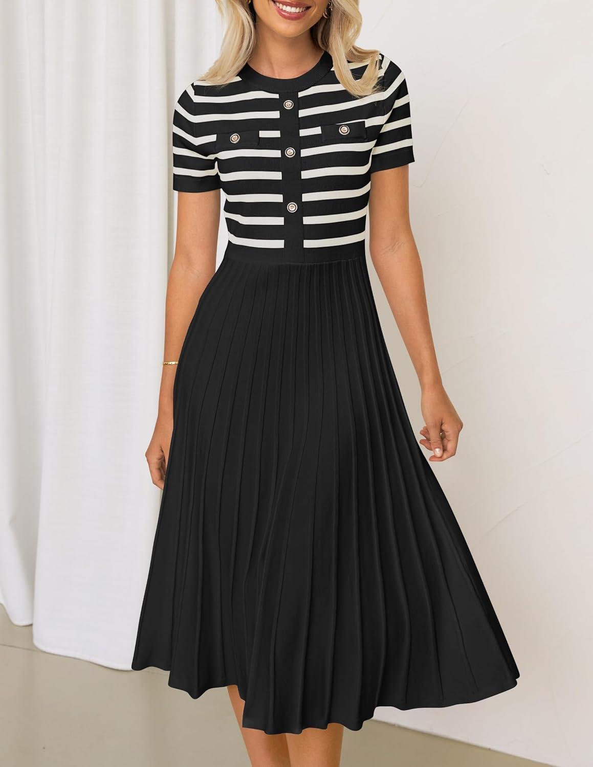 imageZESICA Womens 2026 Casual Striped Midi Dress Crewneck Short Sleeve Button Ribbed Knit Swing Pleated A Line DressesBlack