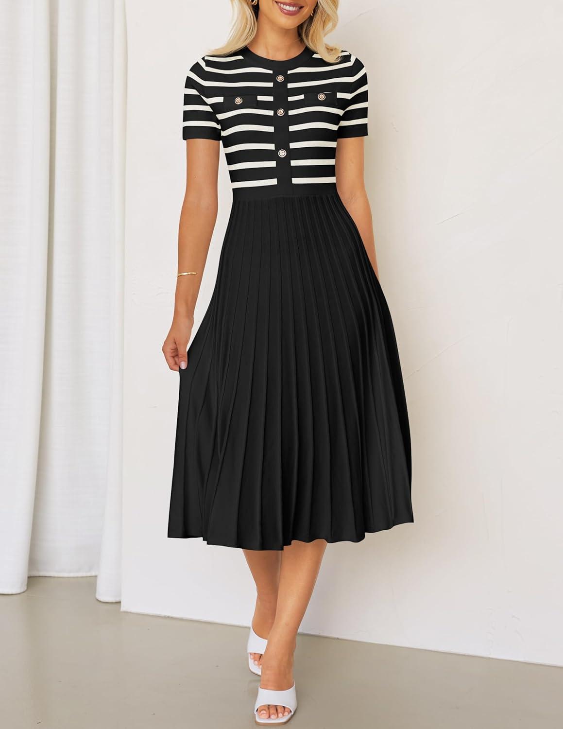 imageZESICA Womens 2026 Casual Striped Midi Dress Crewneck Short Sleeve Button Ribbed Knit Swing Pleated A Line DressesBlack
