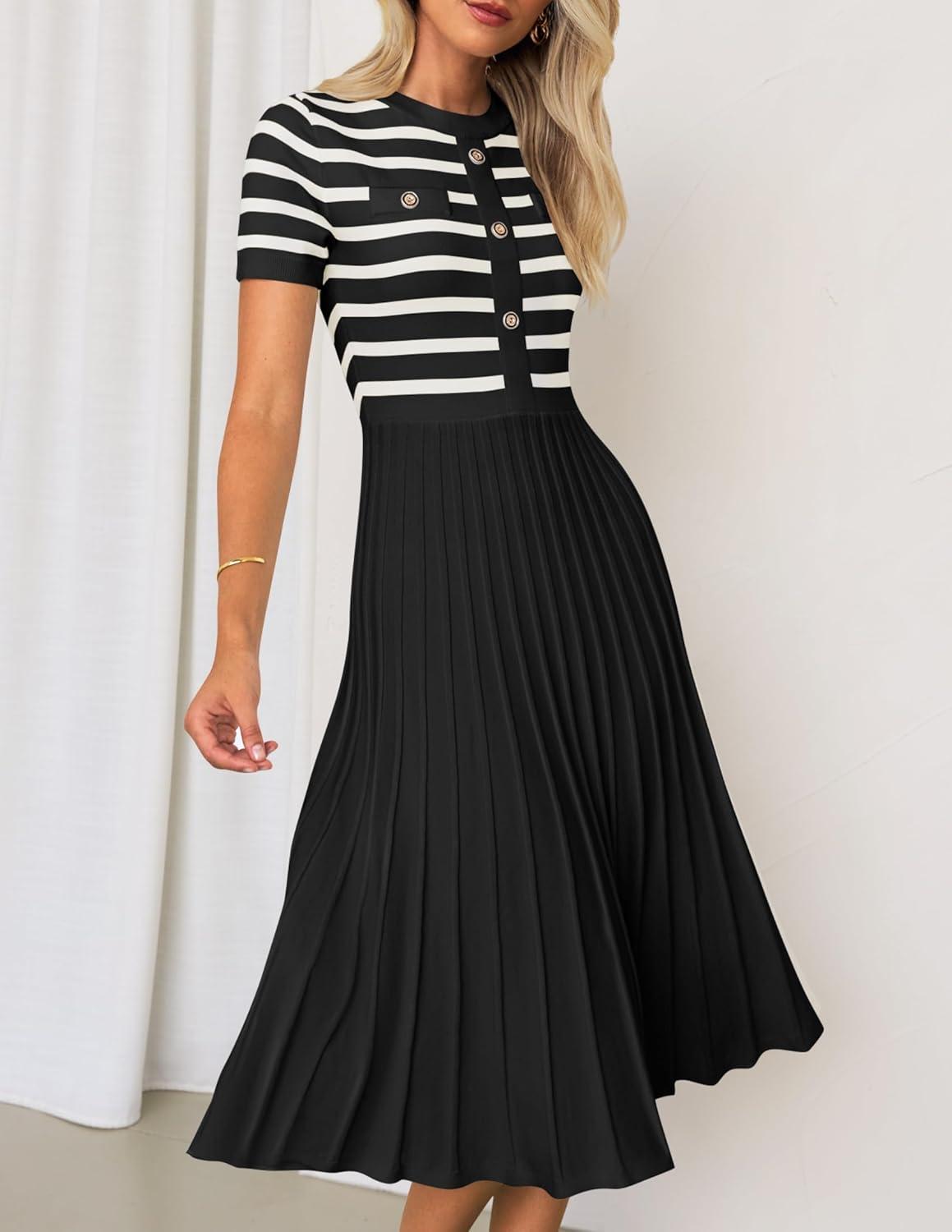 imageZESICA Womens 2026 Casual Striped Midi Dress Crewneck Short Sleeve Button Ribbed Knit Swing Pleated A Line DressesBlack