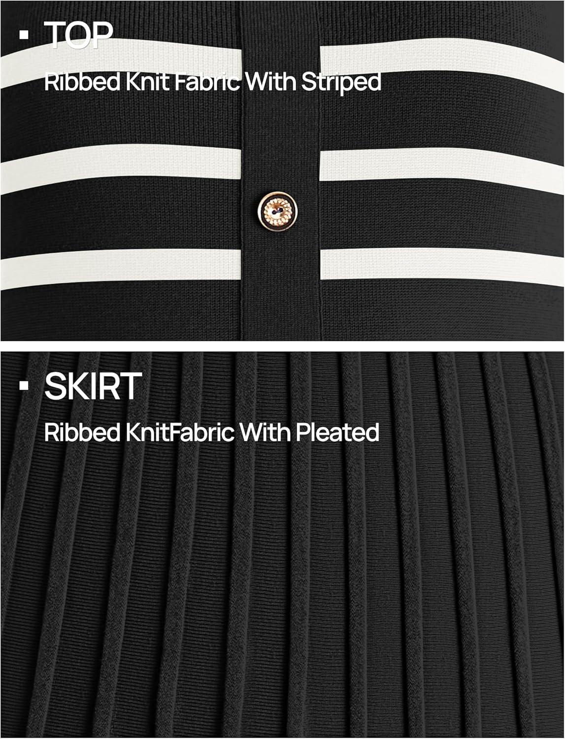 imageZESICA Womens 2026 Casual Striped Midi Dress Crewneck Short Sleeve Button Ribbed Knit Swing Pleated A Line DressesBlack