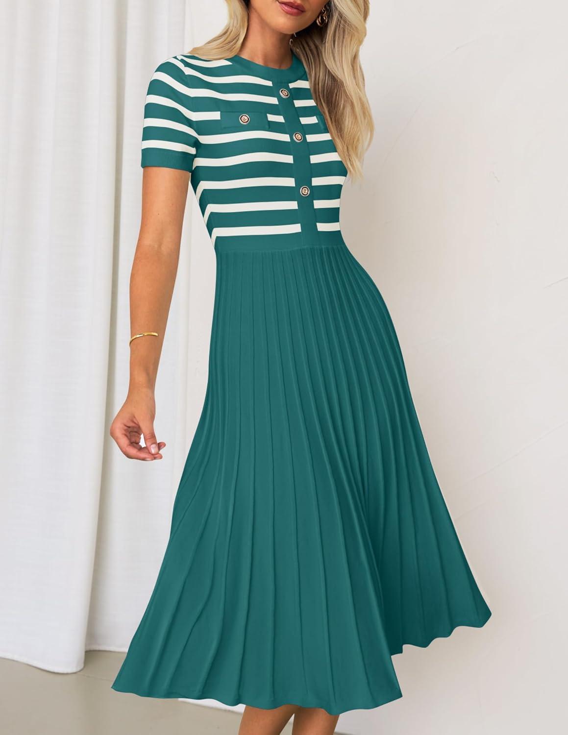 imageZESICA Womens 2026 Casual Striped Midi Dress Crewneck Short Sleeve Button Ribbed Knit Swing Pleated A Line DressesDarkgreen