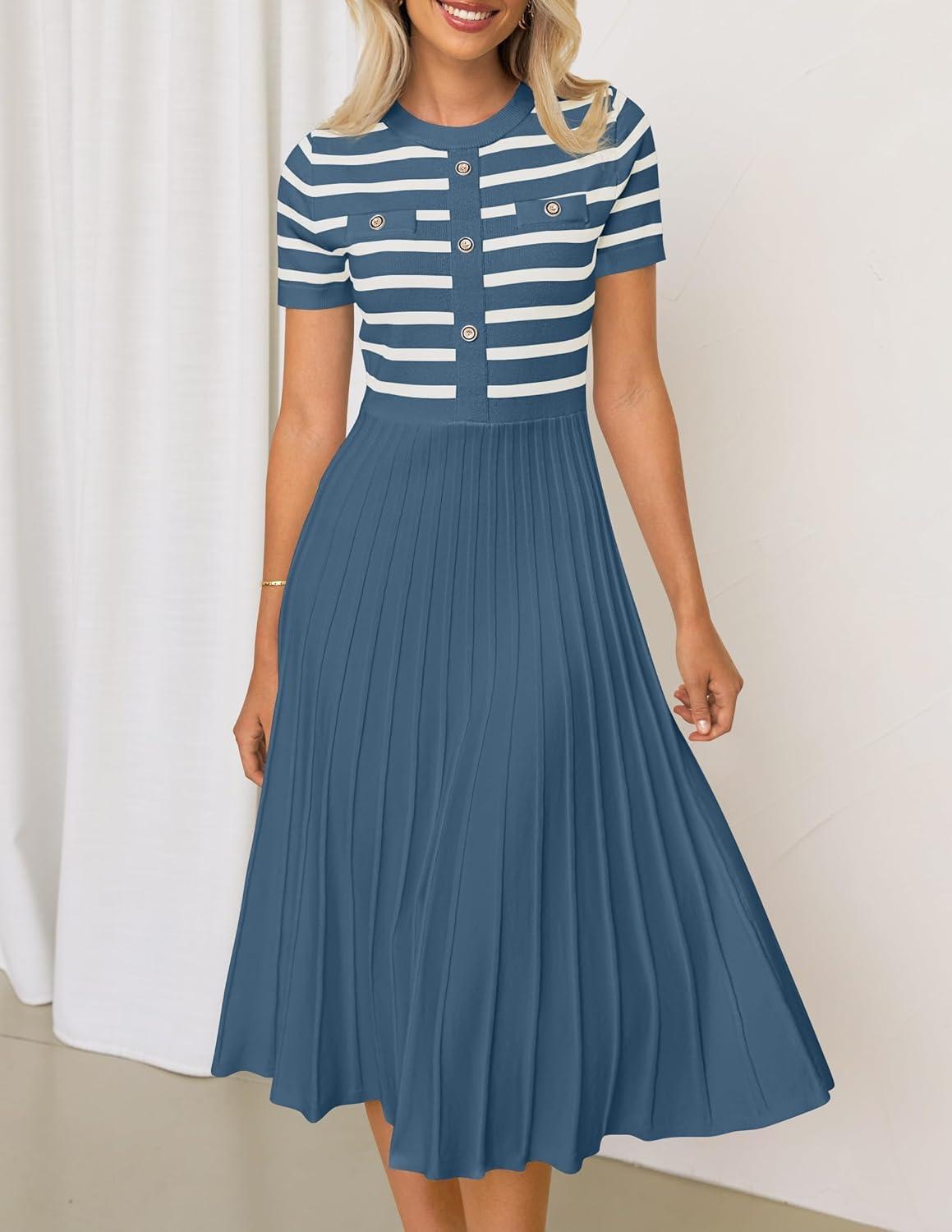 imageZESICA Womens 2026 Casual Striped Midi Dress Crewneck Short Sleeve Button Ribbed Knit Swing Pleated A Line DressesDusty Blue