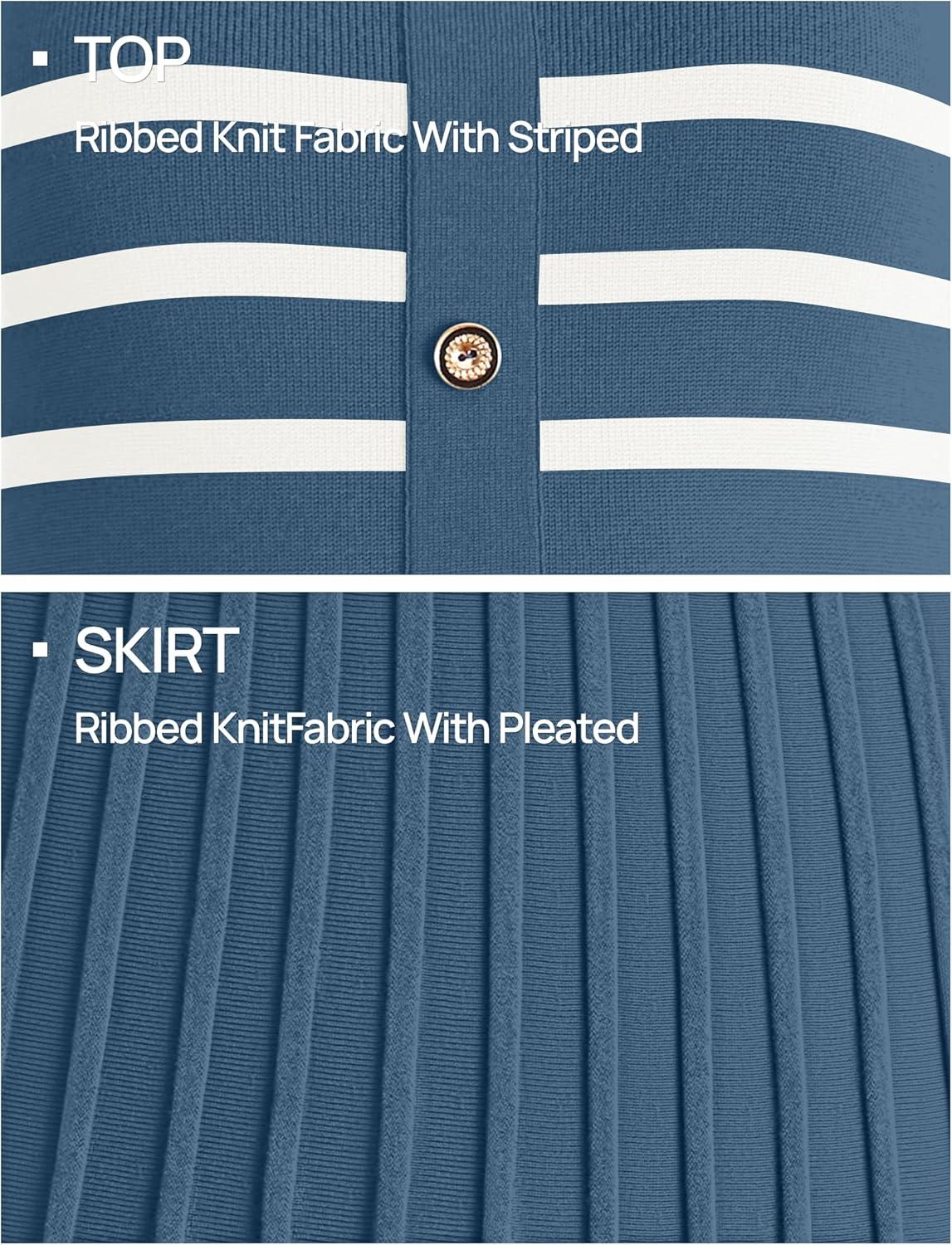 imageZESICA Womens 2026 Casual Striped Midi Dress Crewneck Short Sleeve Button Ribbed Knit Swing Pleated A Line DressesDusty Blue