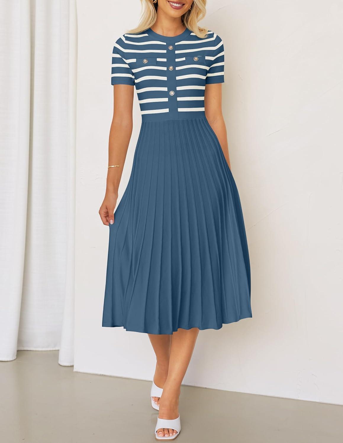 imageZESICA Womens 2026 Casual Striped Midi Dress Crewneck Short Sleeve Button Ribbed Knit Swing Pleated A Line DressesDusty Blue