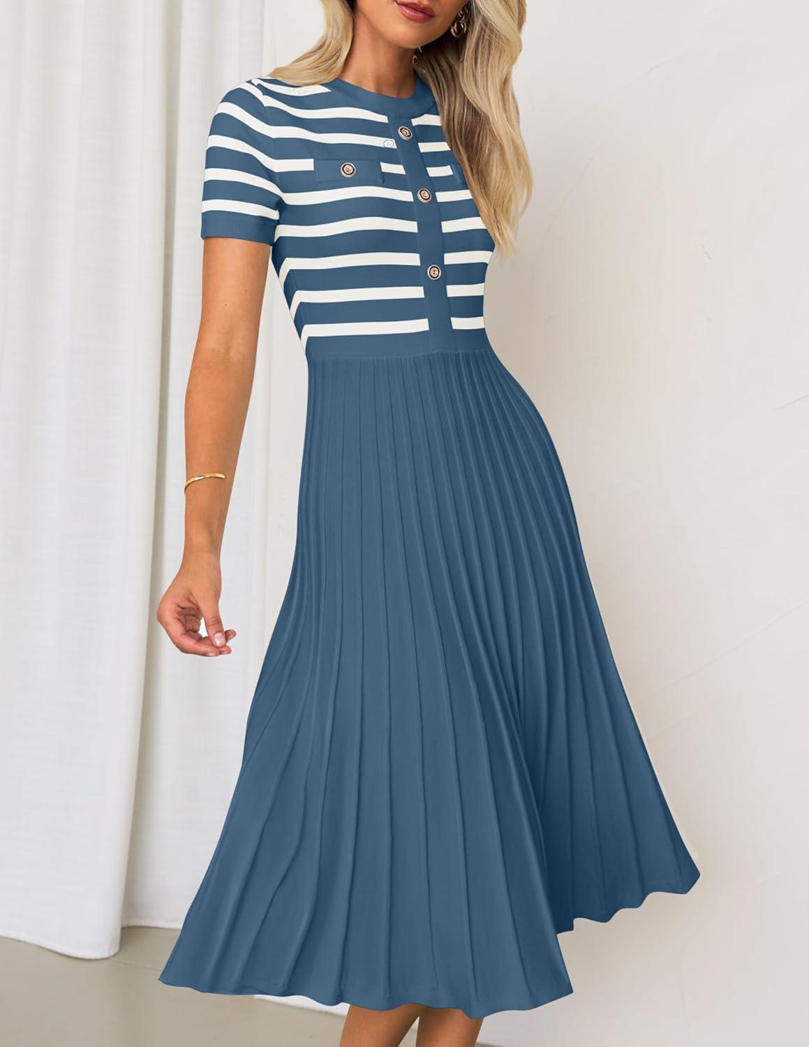 imageZESICA Womens 2026 Casual Striped Midi Dress Crewneck Short Sleeve Button Ribbed Knit Swing Pleated A Line DressesDusty Blue