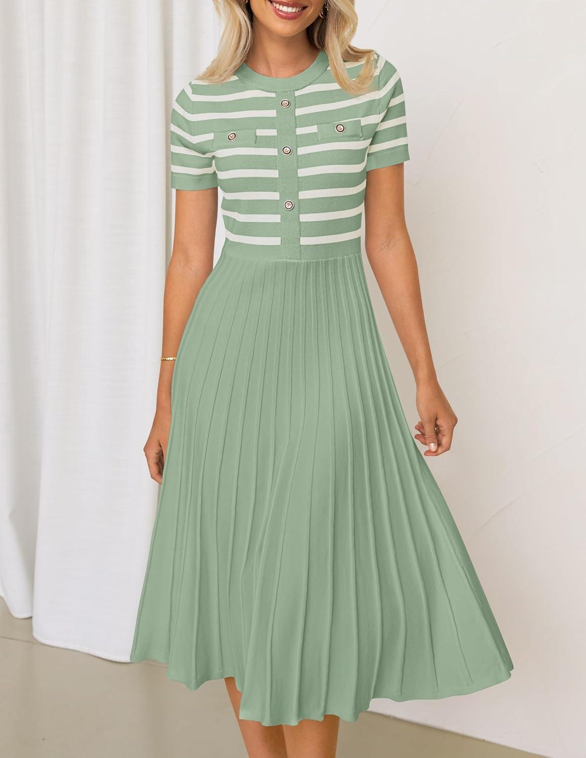 imageZESICA Womens 2026 Casual Striped Midi Dress Crewneck Short Sleeve Button Ribbed Knit Swing Pleated A Line DressesLight Green
