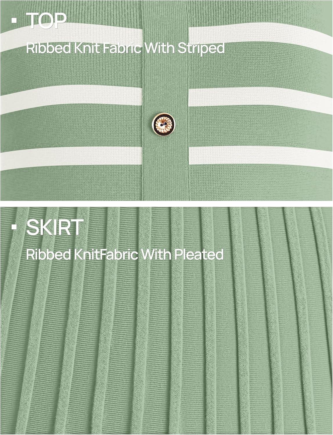 imageZESICA Womens 2026 Casual Striped Midi Dress Crewneck Short Sleeve Button Ribbed Knit Swing Pleated A Line DressesLight Green