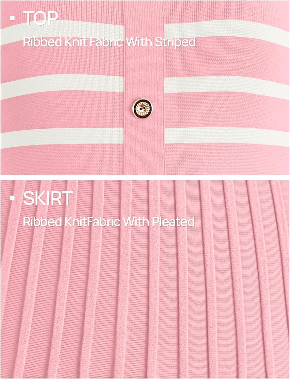 imageZESICA Womens 2026 Casual Striped Midi Dress Crewneck Short Sleeve Button Ribbed Knit Swing Pleated A Line DressesPink