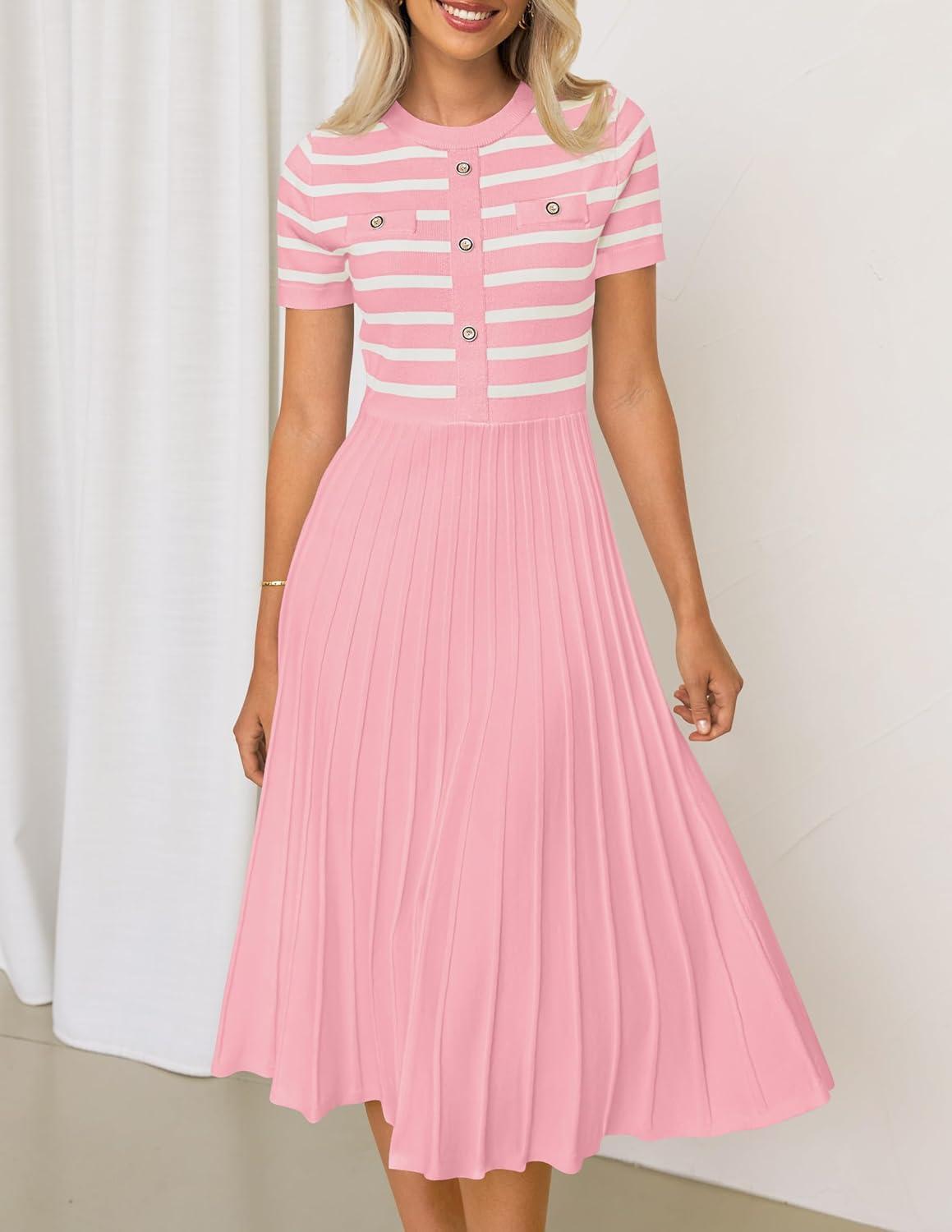 imageZESICA Womens 2026 Casual Striped Midi Dress Crewneck Short Sleeve Button Ribbed Knit Swing Pleated A Line DressesPink