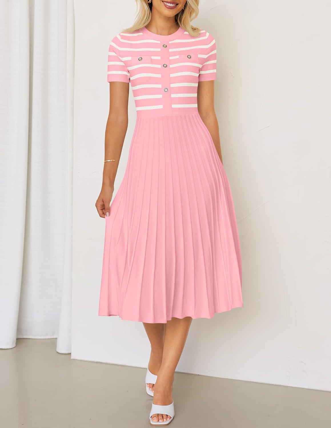 imageZESICA Womens 2026 Casual Striped Midi Dress Crewneck Short Sleeve Button Ribbed Knit Swing Pleated A Line DressesPink