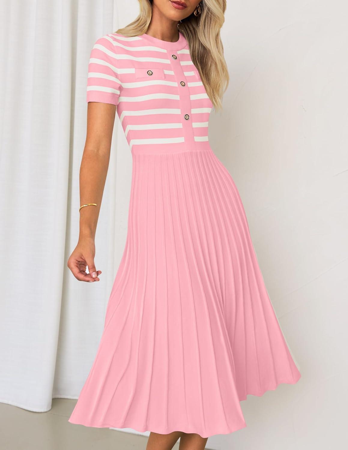 imageZESICA Womens 2026 Casual Striped Midi Dress Crewneck Short Sleeve Button Ribbed Knit Swing Pleated A Line DressesPink