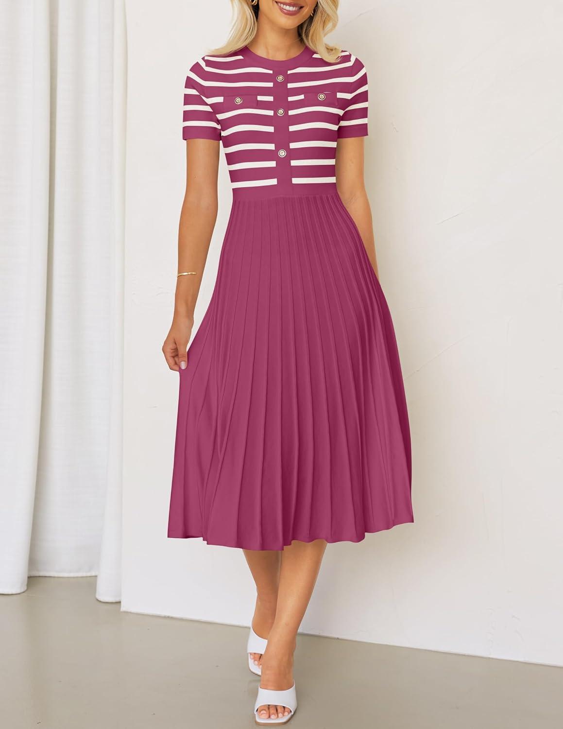imageZESICA Womens 2026 Casual Striped Midi Dress Crewneck Short Sleeve Button Ribbed Knit Swing Pleated A Line DressesPlum