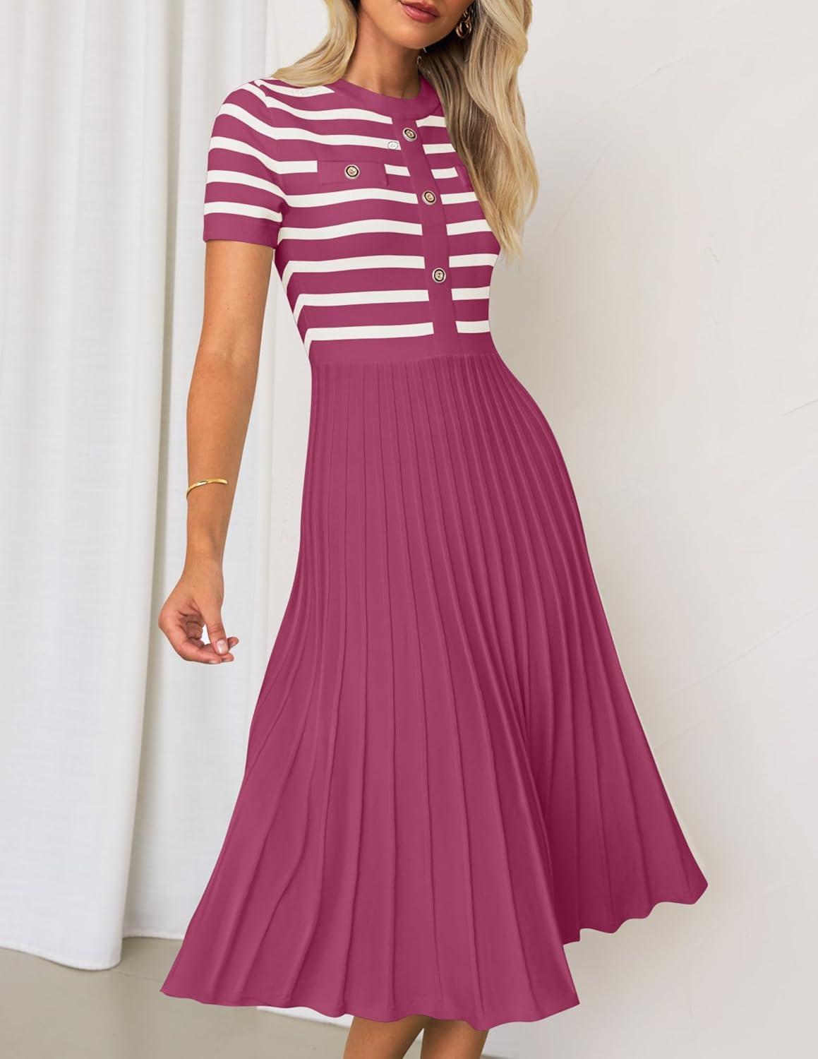 imageZESICA Womens 2026 Casual Striped Midi Dress Crewneck Short Sleeve Button Ribbed Knit Swing Pleated A Line DressesPlum