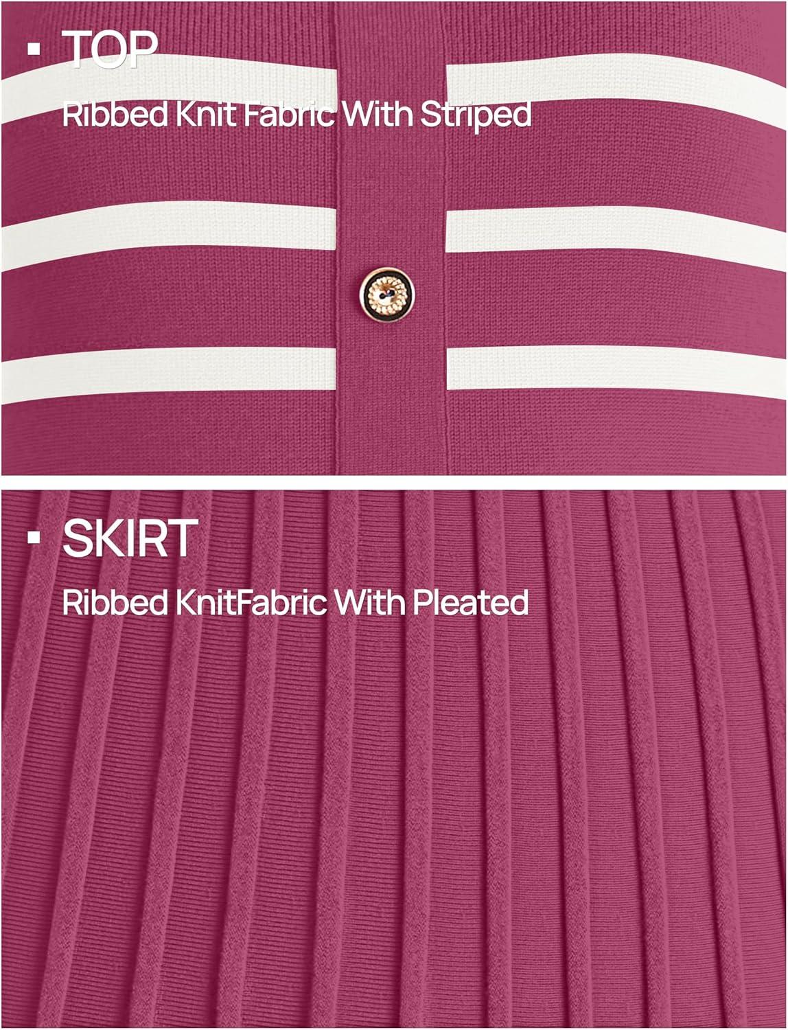 imageZESICA Womens 2026 Casual Striped Midi Dress Crewneck Short Sleeve Button Ribbed Knit Swing Pleated A Line DressesPlum