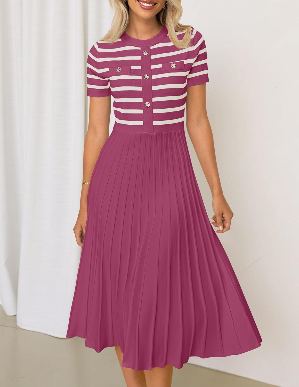 imageZESICA Womens 2026 Casual Striped Midi Dress Crewneck Short Sleeve Button Ribbed Knit Swing Pleated A Line DressesPlum