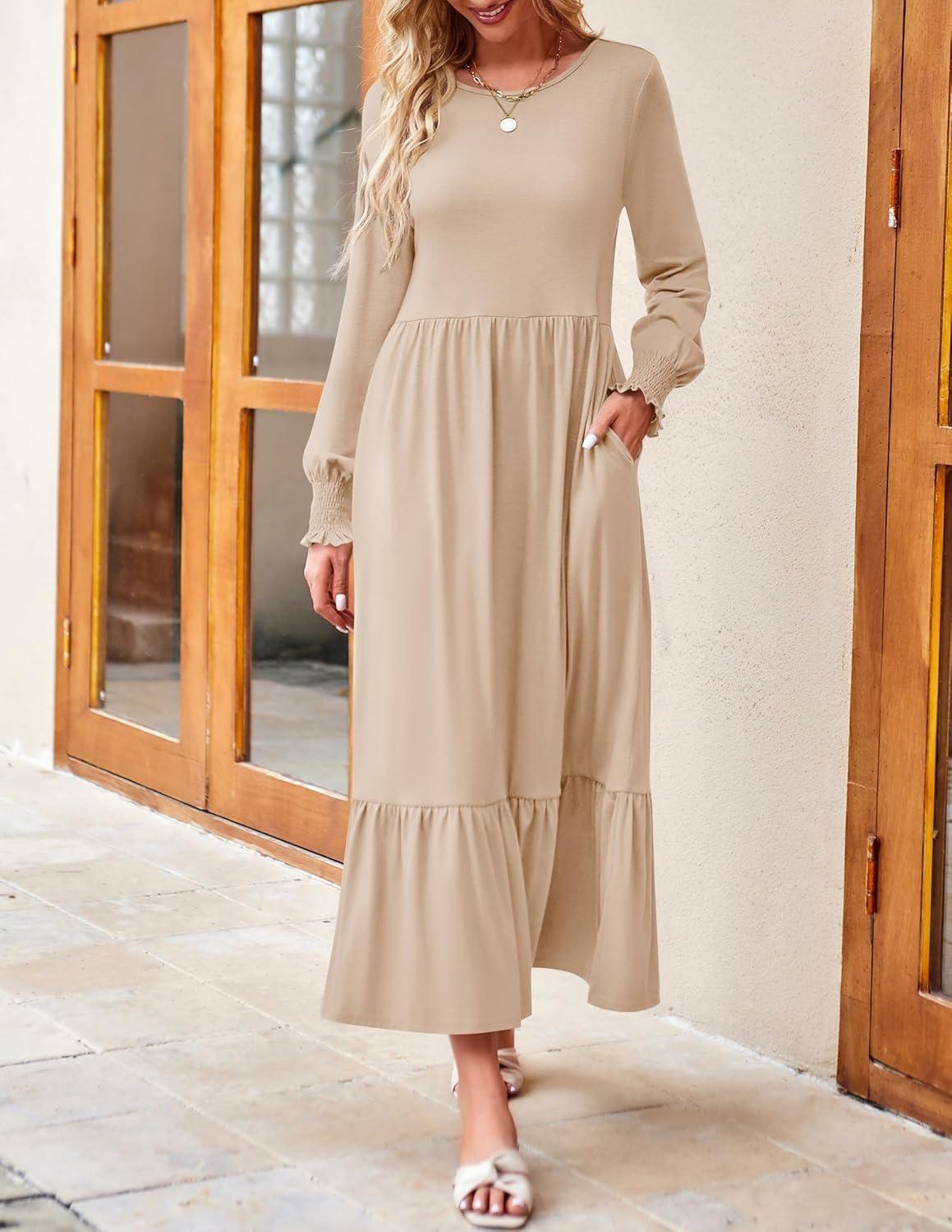 imageZESICA Womens 2026 Fall Long Sleeve Dress Crewneck Casual Loose Pleated Tiered Swing Midi Dresses with PocketsApricot